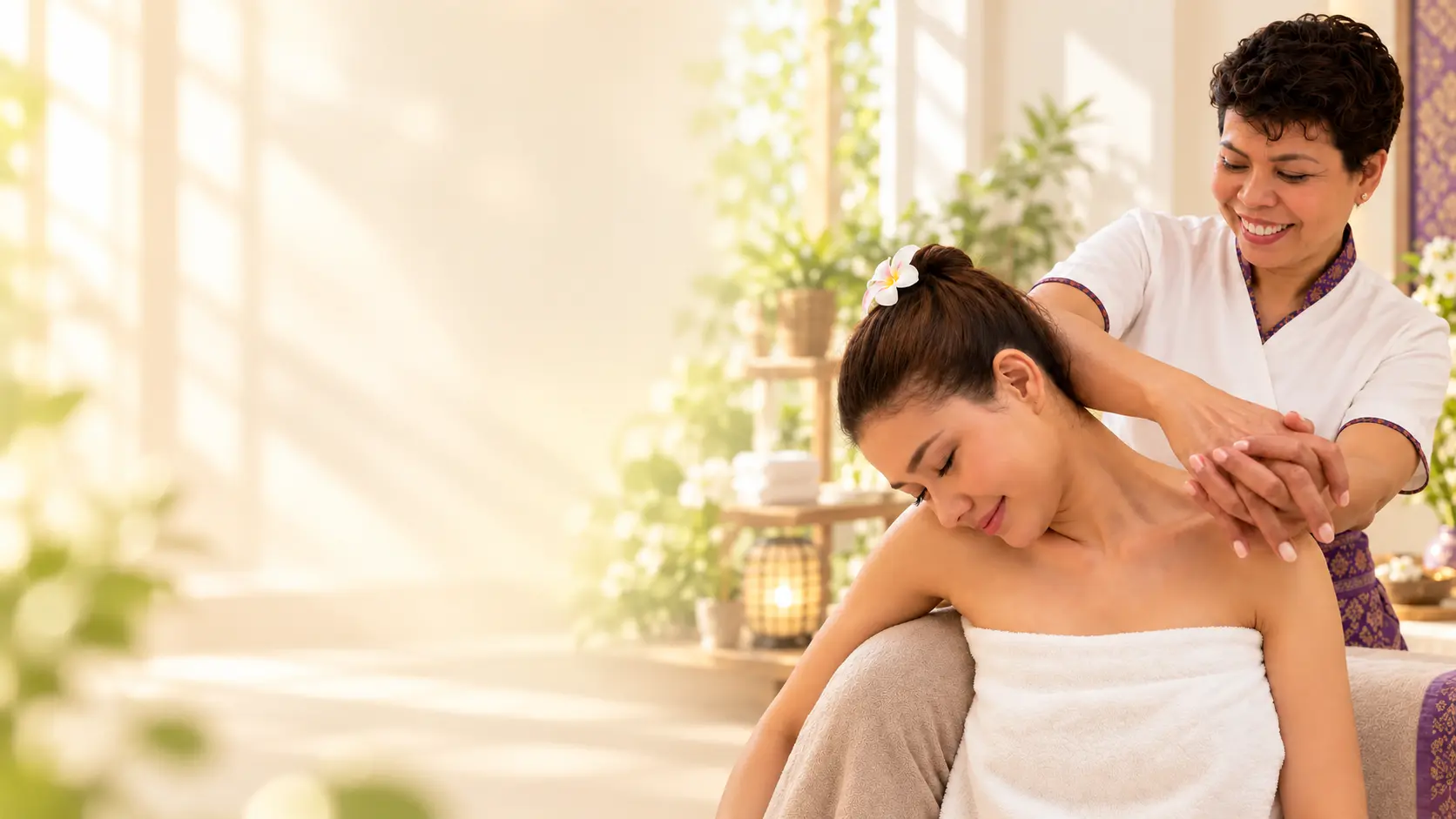 Masseuse masseert de schouders van een gast in een lichte massageruimte