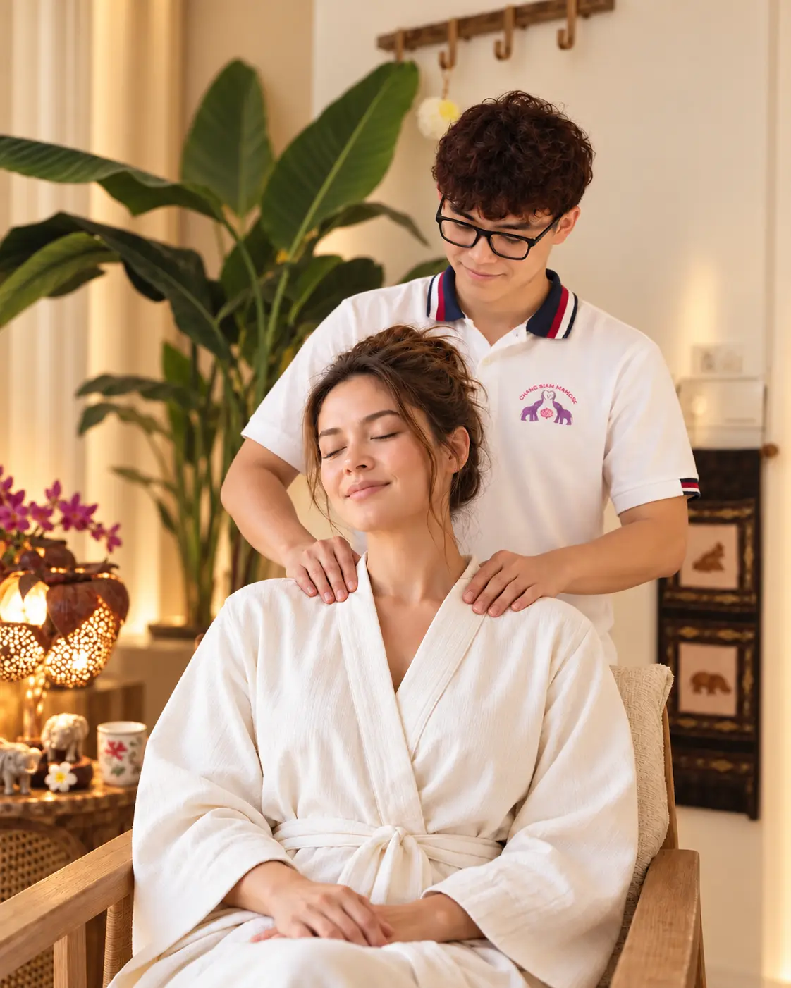 Gast in een rustige spa ontvangt een schoudermassage