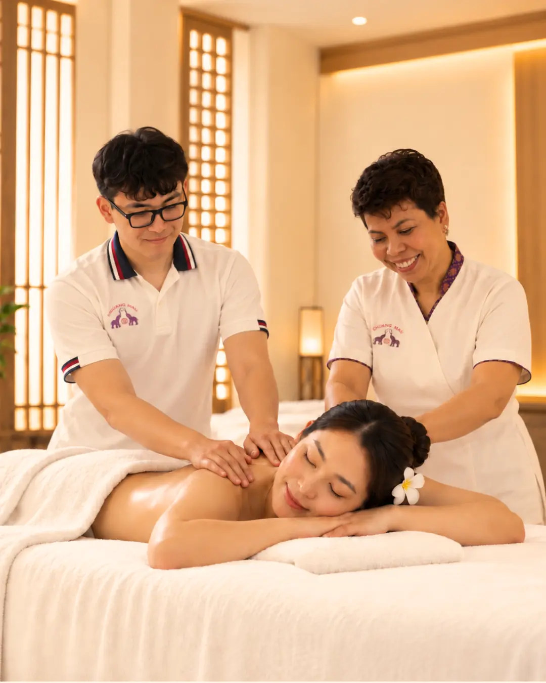Charlie links en Anthika rechts geven samen een massage