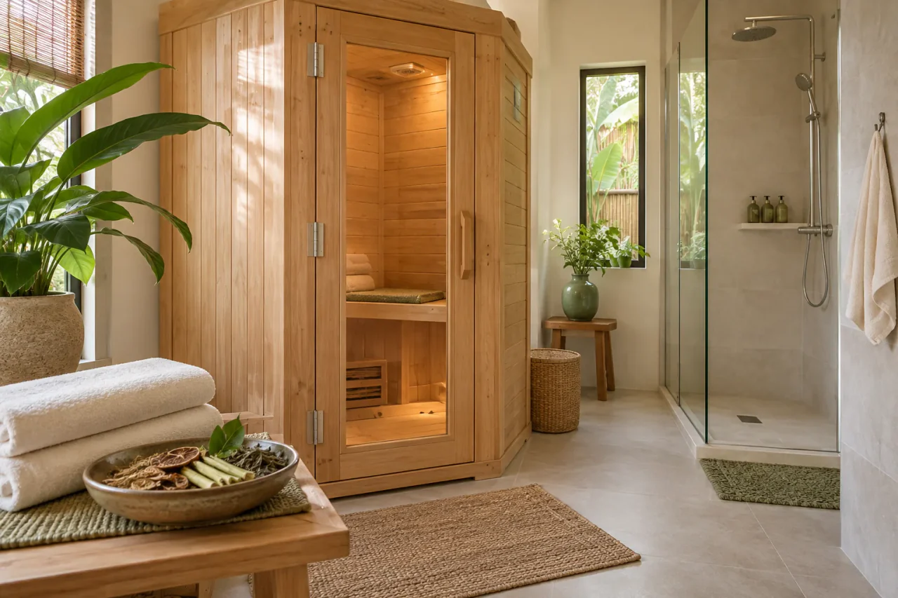 Sfeerbeeld van een warme wellnessruimte met sauna en douche